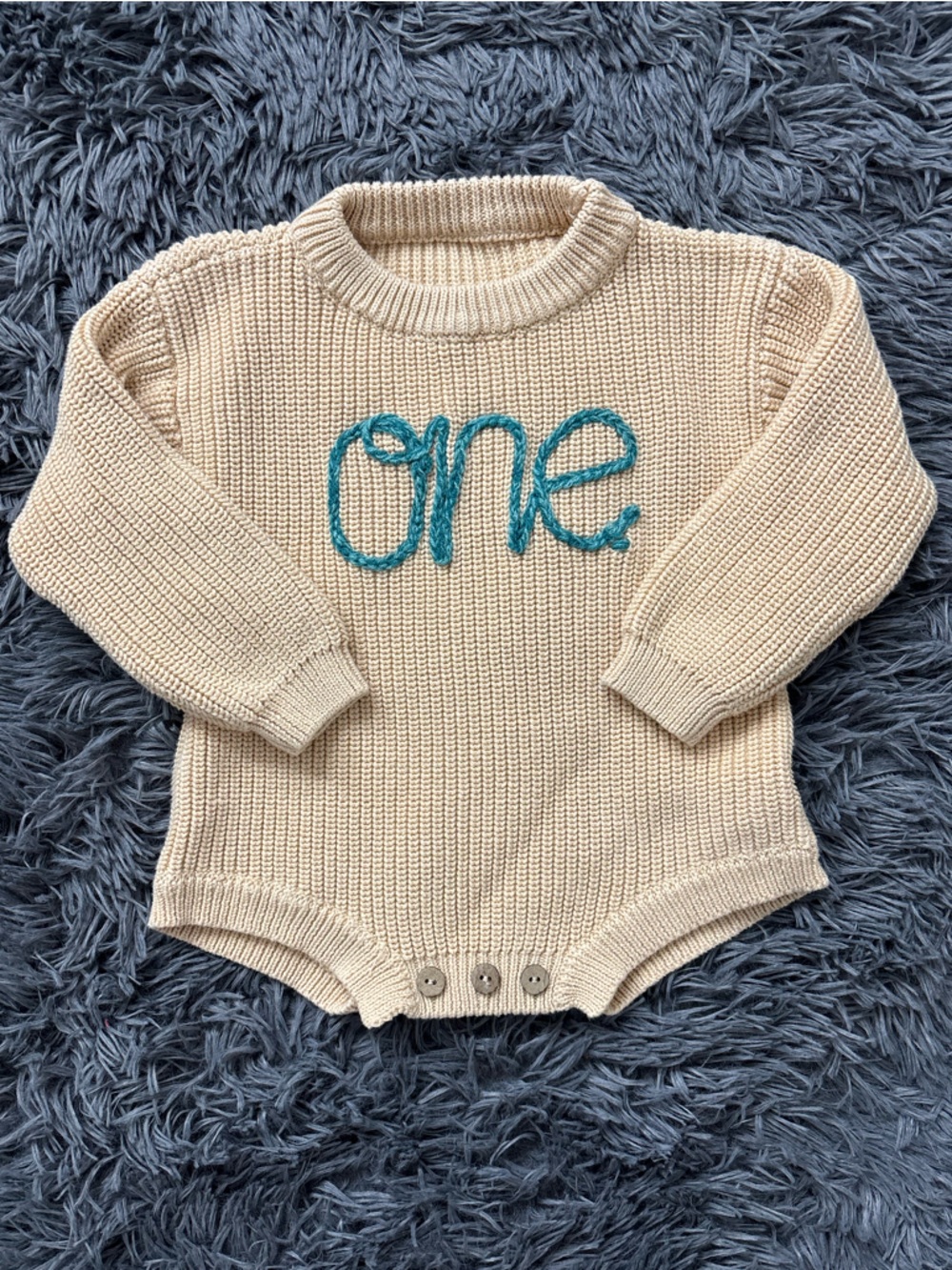 Baby First Birthday Cream Knit Sweater Romper Onesie with Teal Knit ONE letters